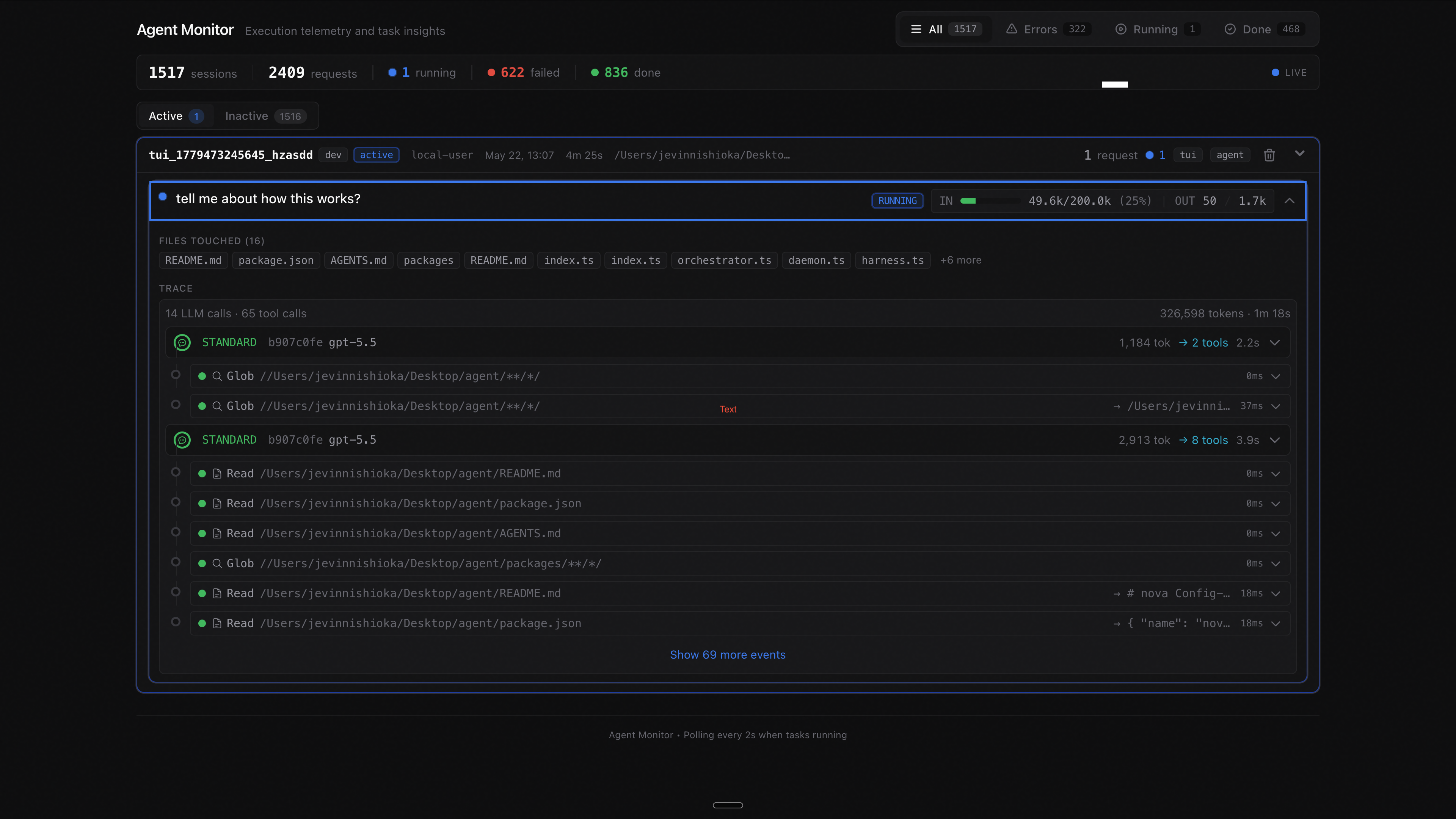 Nova agent monitor showing an active run with execution flow, tool calls, token counts, and touched files.